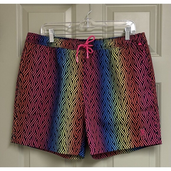 PSYCHO BUNNY Sugar Grove AOP Swim Trunks Men Large Magenta Storm Colorful Beach - Picture 2 of 13
